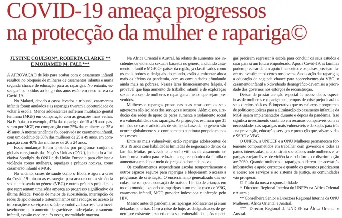 COVID-19 jeopardises progresses made towards protecting women and girls - Jornal Noticias 